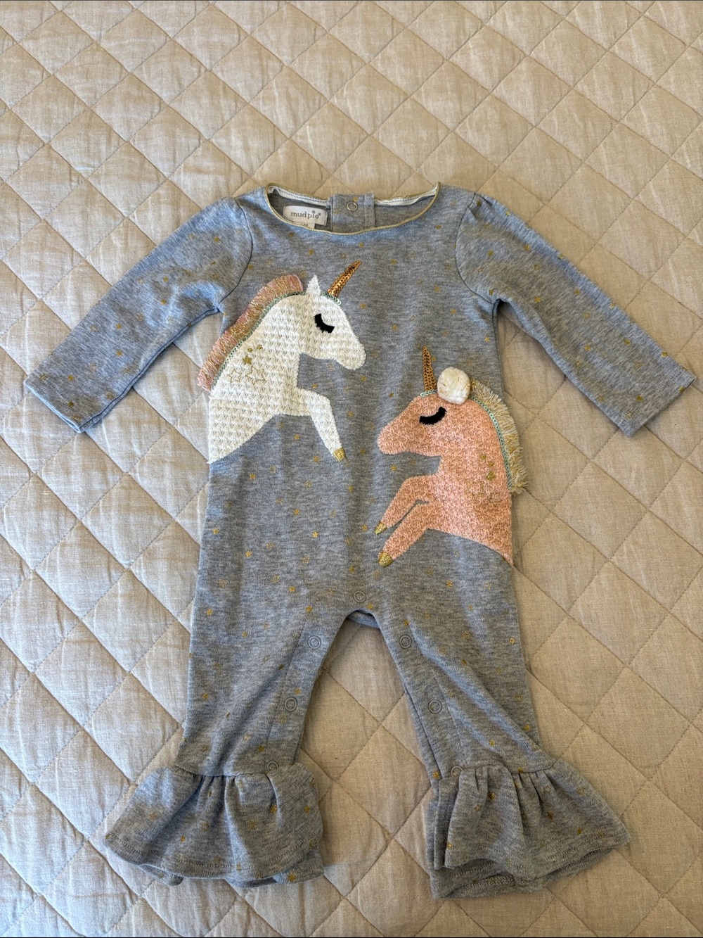Mud Pie Gray One-Piece with White and Pink Unicorns and Gold Accents
